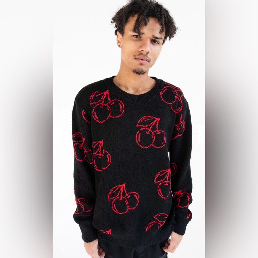 Wesc Black Crewneck Sweater with Red Cherry Pattern